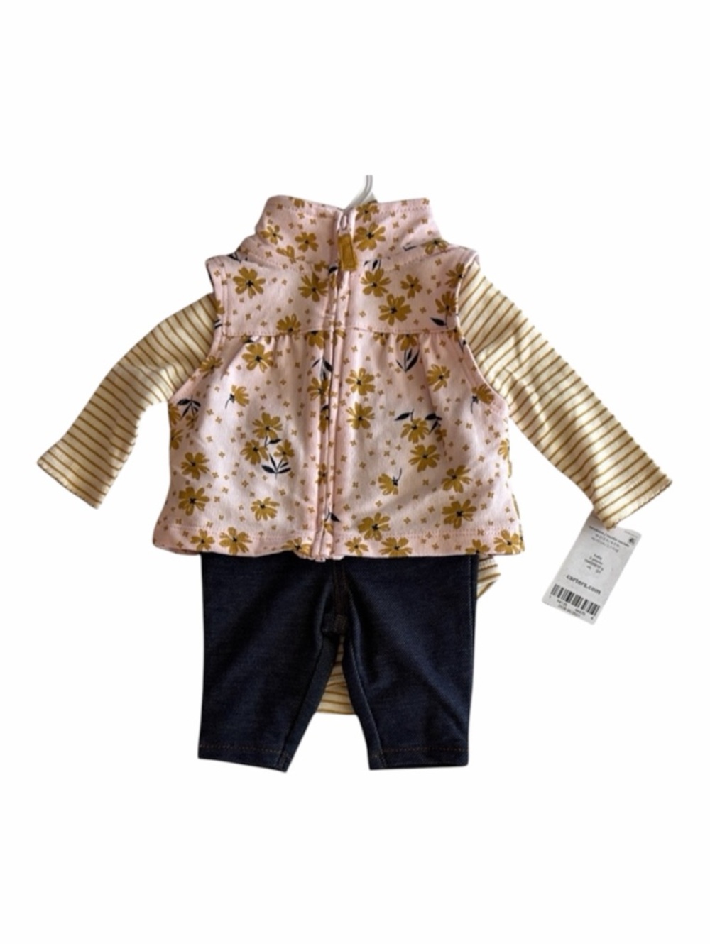 Carter’s Pink and Tan Floral Vest Striped Bodysuit and Pant Set